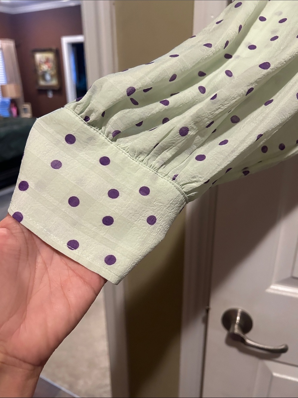 Glam Light Green Polka Dot Button-Up Blouse with Purple Dots - Picture 6 of 8
